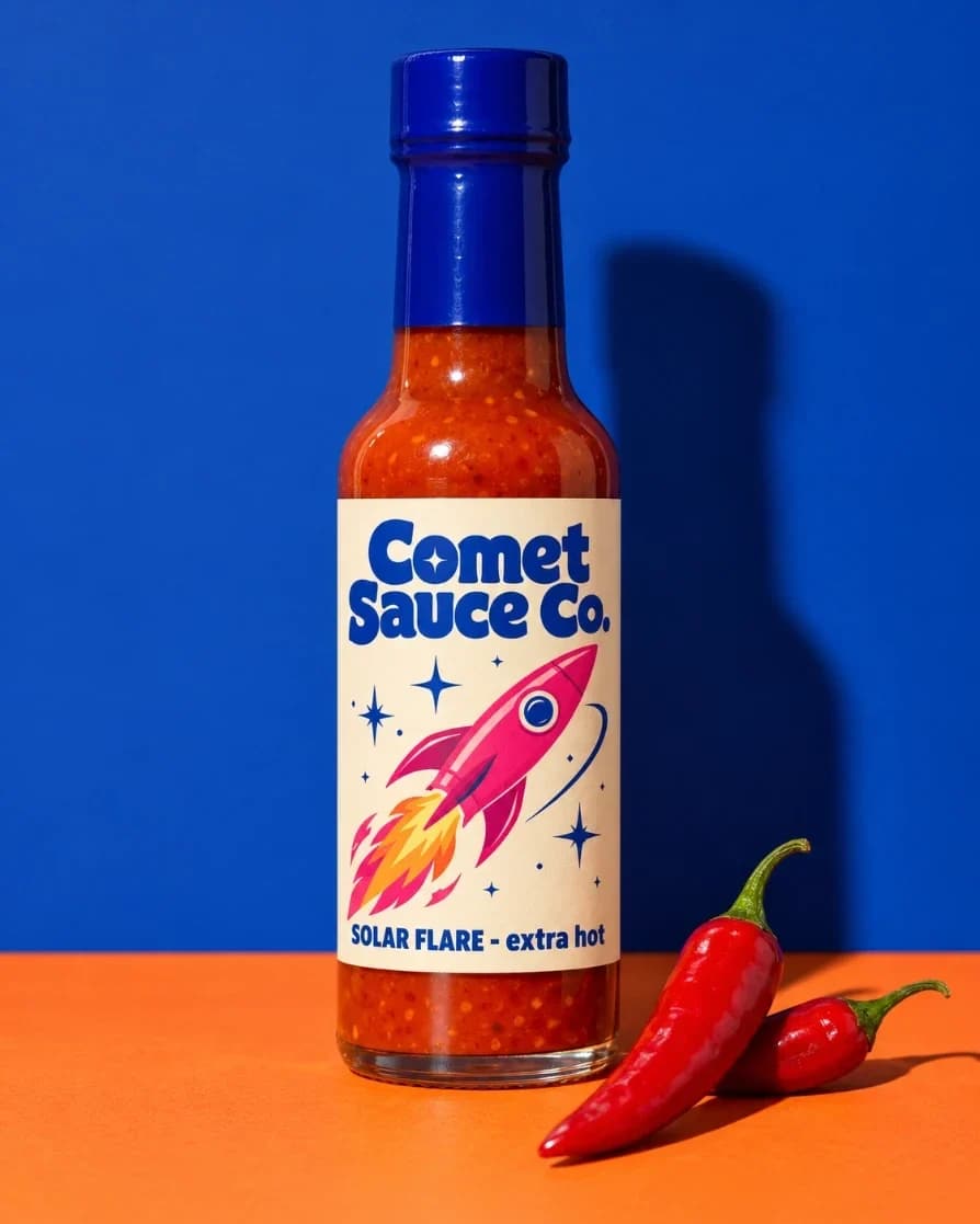 Attached photo of a Comet Sauce Co Solar Flare hot sauce bottle on a blue and orange backdrop
