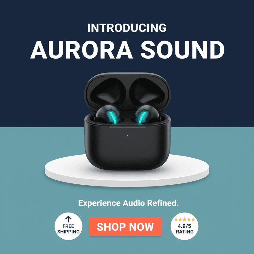 Sound product launch hero visual, atmospheric gradient backdrop with northern-lights inspired color wash, sleek wireless speaker product shot front and center, minimal sans-serif headline, modern audio brand aesthetic.