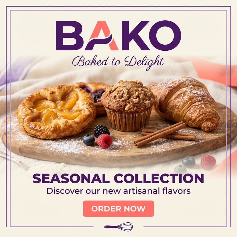 Bakery seasonal collection showcase, rustic wooden board with assorted pastries, high-quality food photography layout, soft pastel pink brand wrapper, elegant typography.