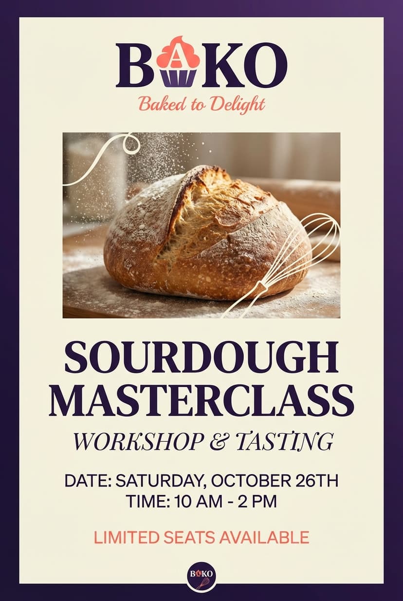 Bakery sourdough masterclass event flyer, artisan bread close-up, rustic and authentic feel, clean white text on warm overlay, professional culinary branding.
