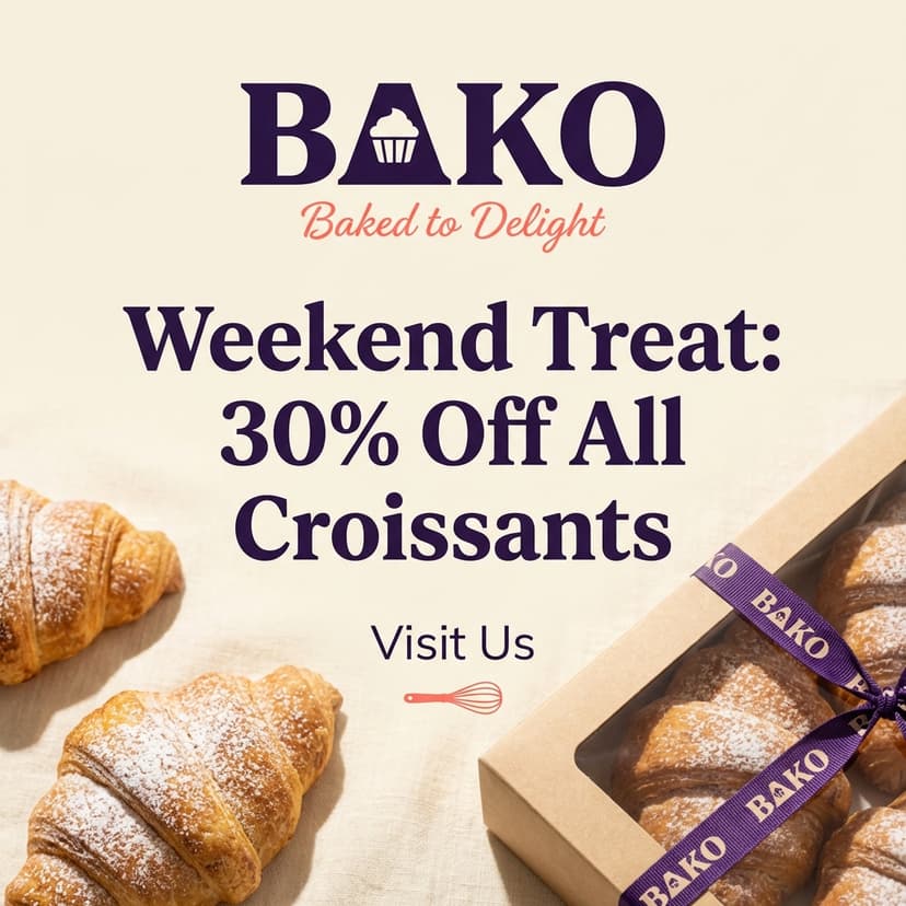 Create a weekend special offer graphic for a bakery. Include 'Weekend Treat: 30% Off All Croissants' headline, warm premium tones, clean bakery branding, 'Visit Us' CTA.
