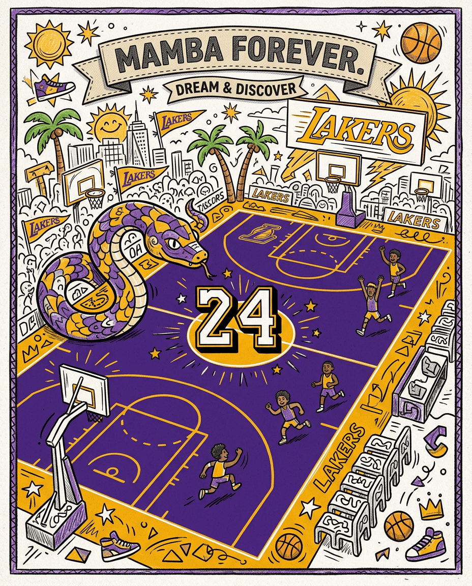 Turn a basketball court into a stylized 2D/3D doodle world. Purple court, gold markings, giant snake graffiti, #24 at center court.