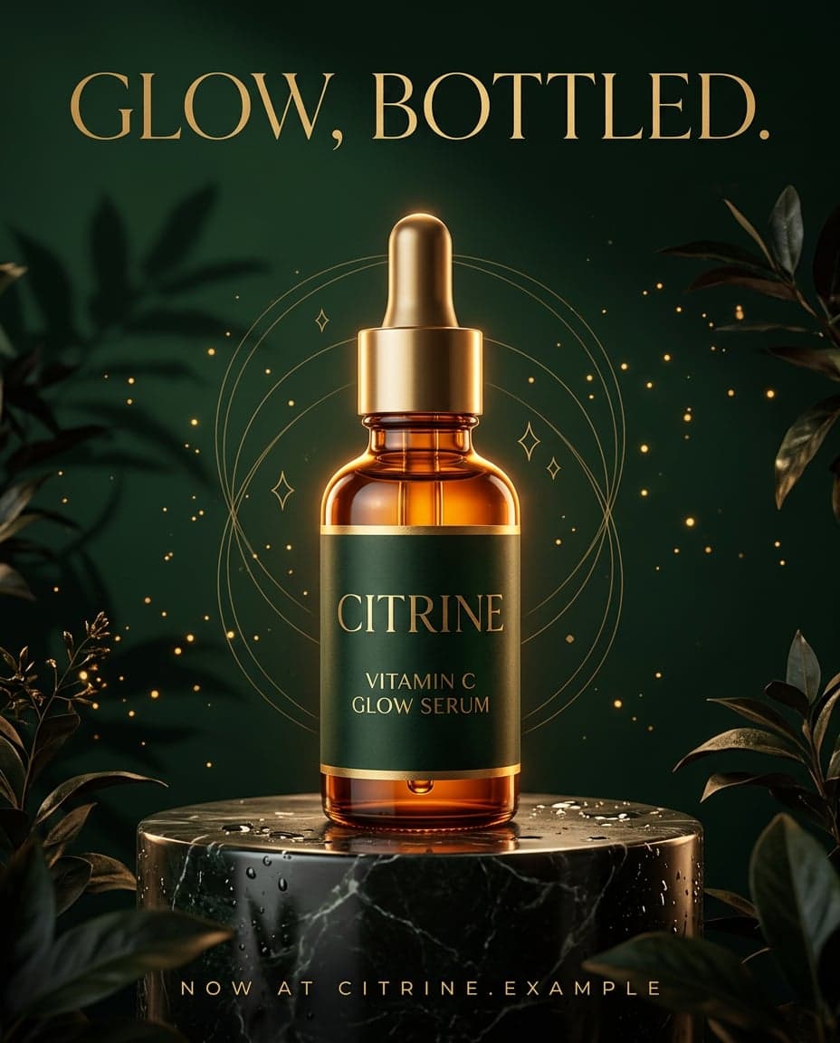 A Citrine serum bottle with a gold cap stands on a dark marble pedestal against a green background with the headline Glow, bottled at the top.