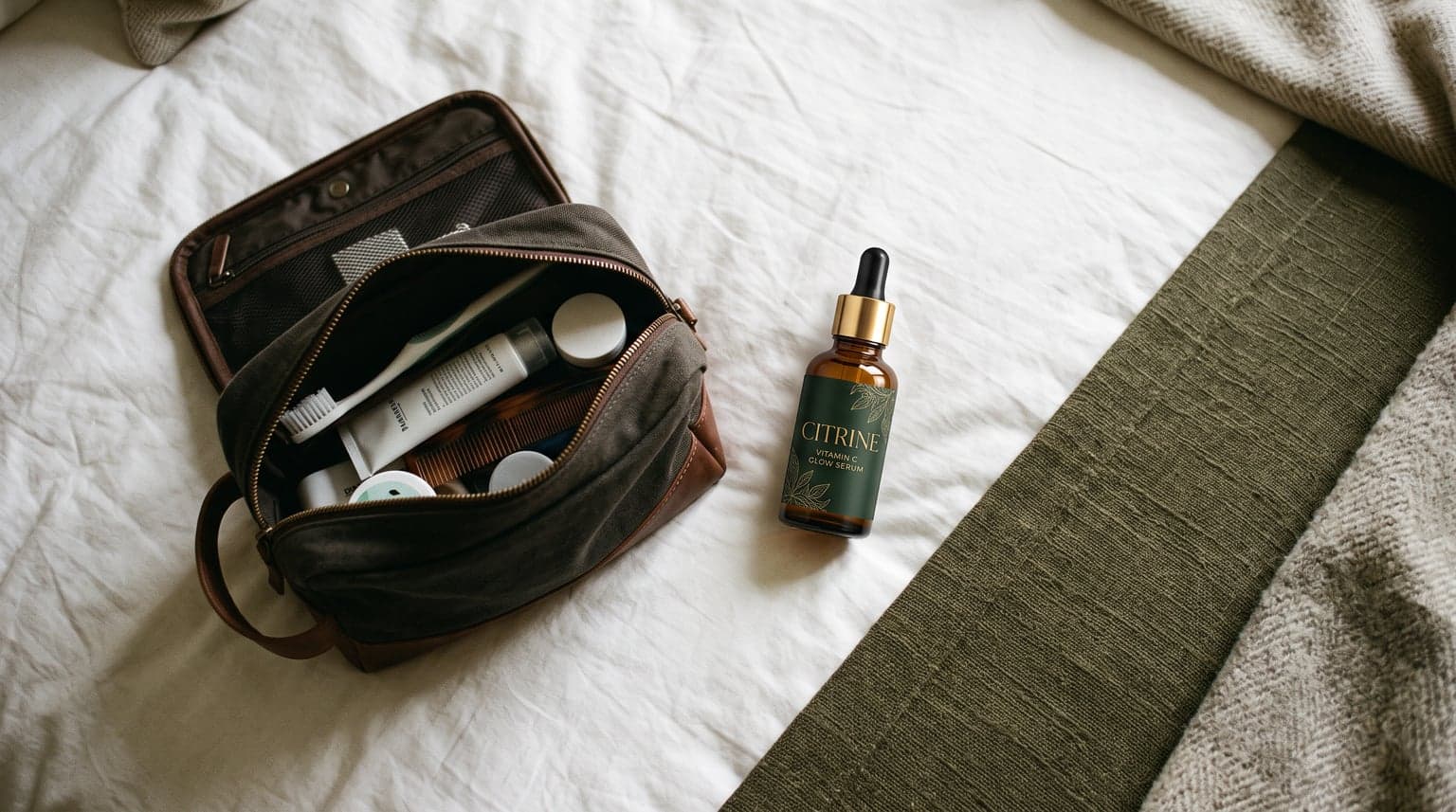 AI Citrine Serum Travel Toiletry Bag Flat Lay generated with BrandGen