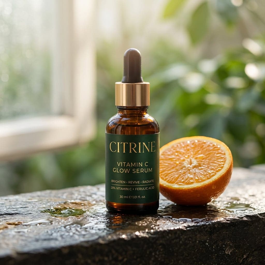 AI Citrine Vitamin C Serum Wet Stone Product Photo generated with BrandGen