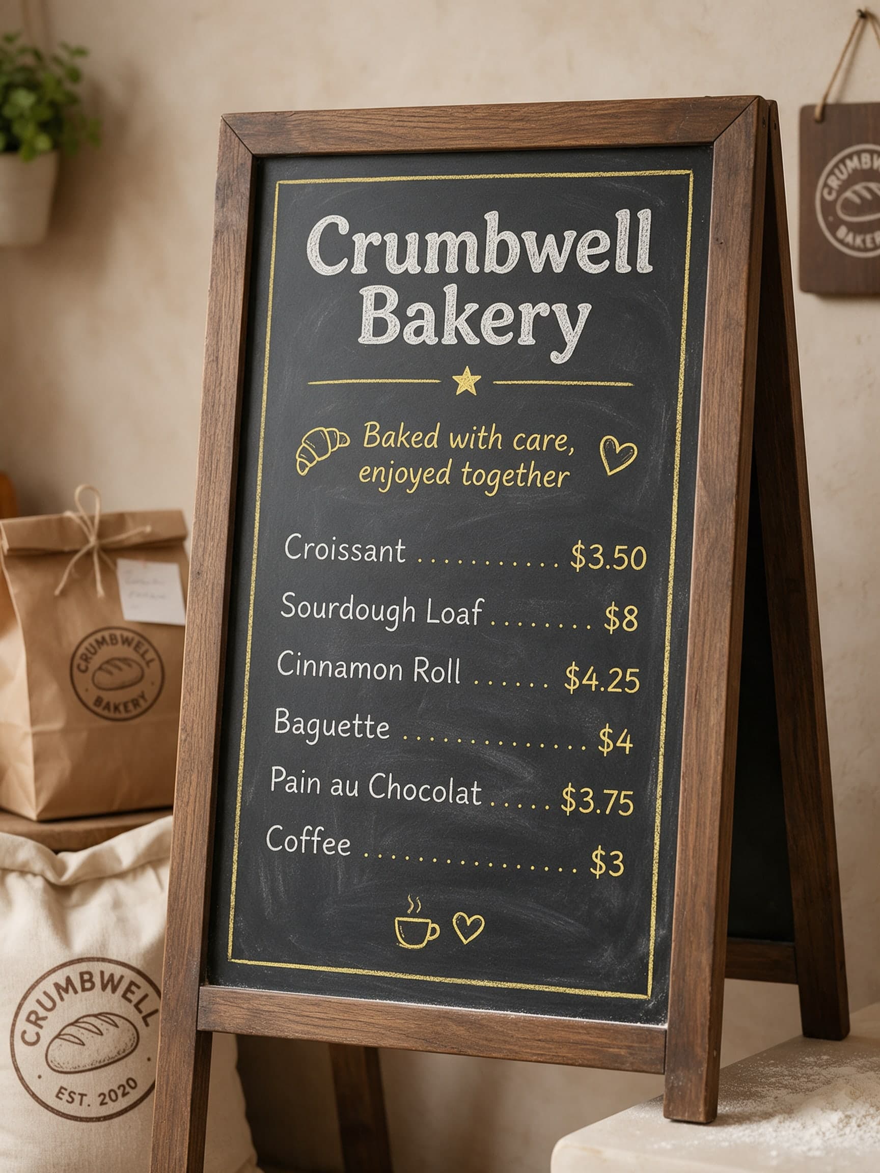 AI Bakery Chalkboard Menu with Prices for Crumbwell generated with BrandGen