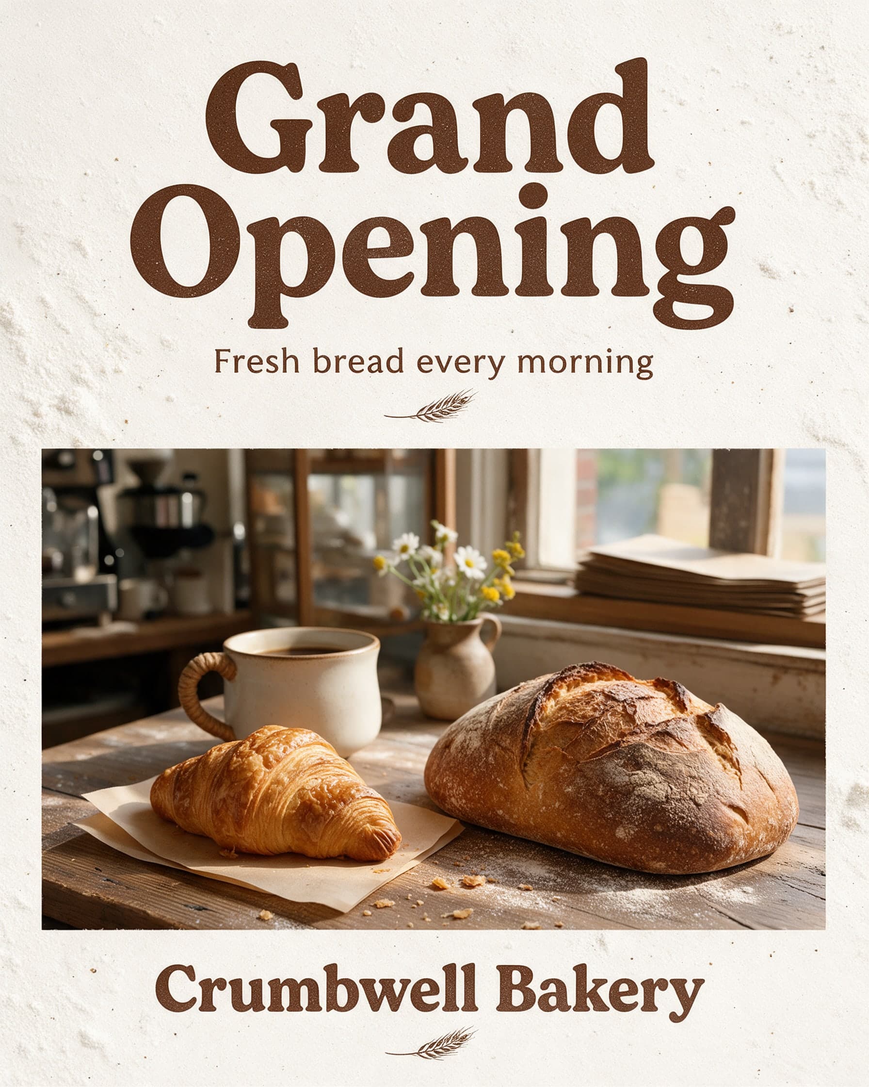 AI Bakery Grand Opening Poster for Crumbwell generated with BrandGen