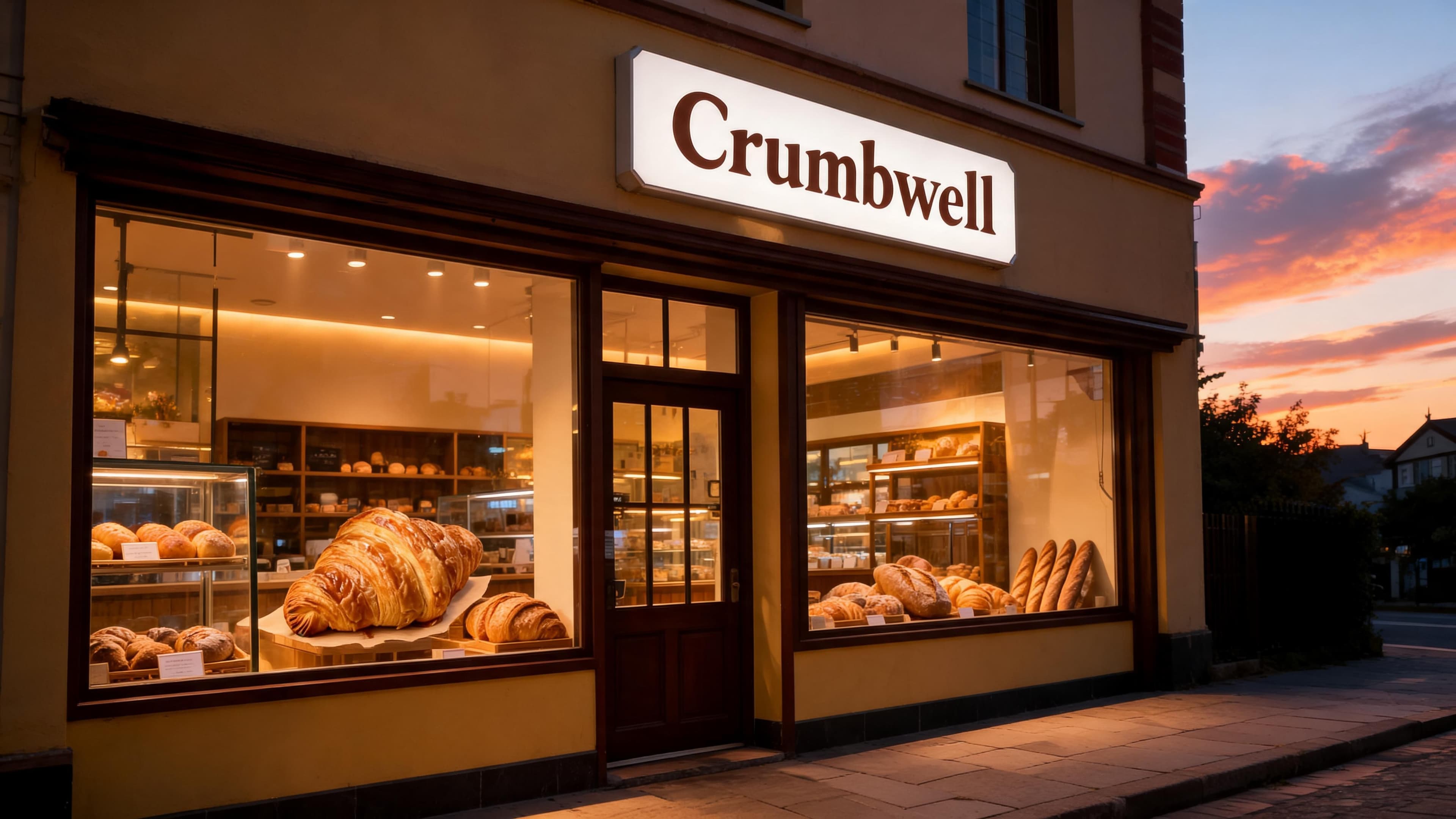 AI Bakery Storefront at Dusk, 4K, for Crumbwell generated with BrandGen