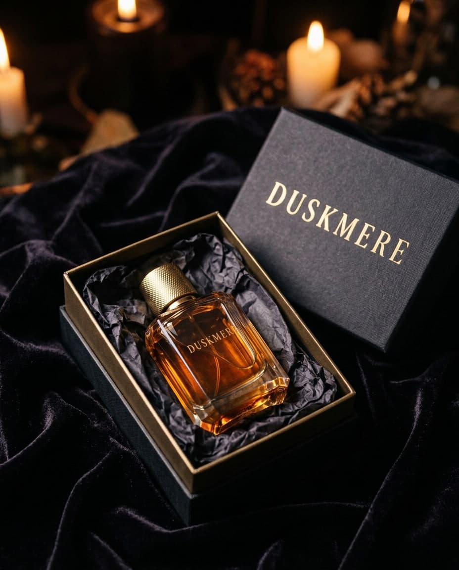 AI Duskmere Perfume Gift Box on Velvet generated with BrandGen