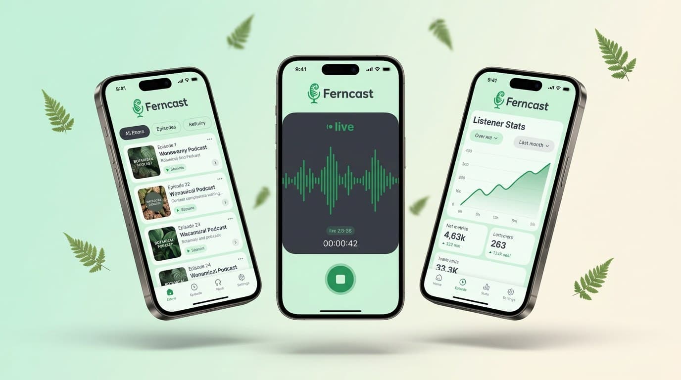 AI Ferncast Podcast App Screens Product Shot generated with BrandGen
