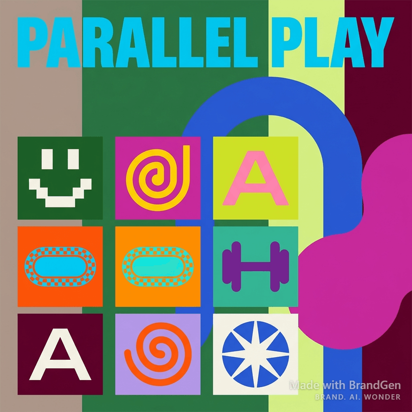 Indie electronic music album cover titled 'PARALLEL PLAY', abstract organic blobs and geometric primitives floating in space, bold condensed sans-serif title text, vibrant saturated color palette against deep dark background, minimal layout with strong visual impact.