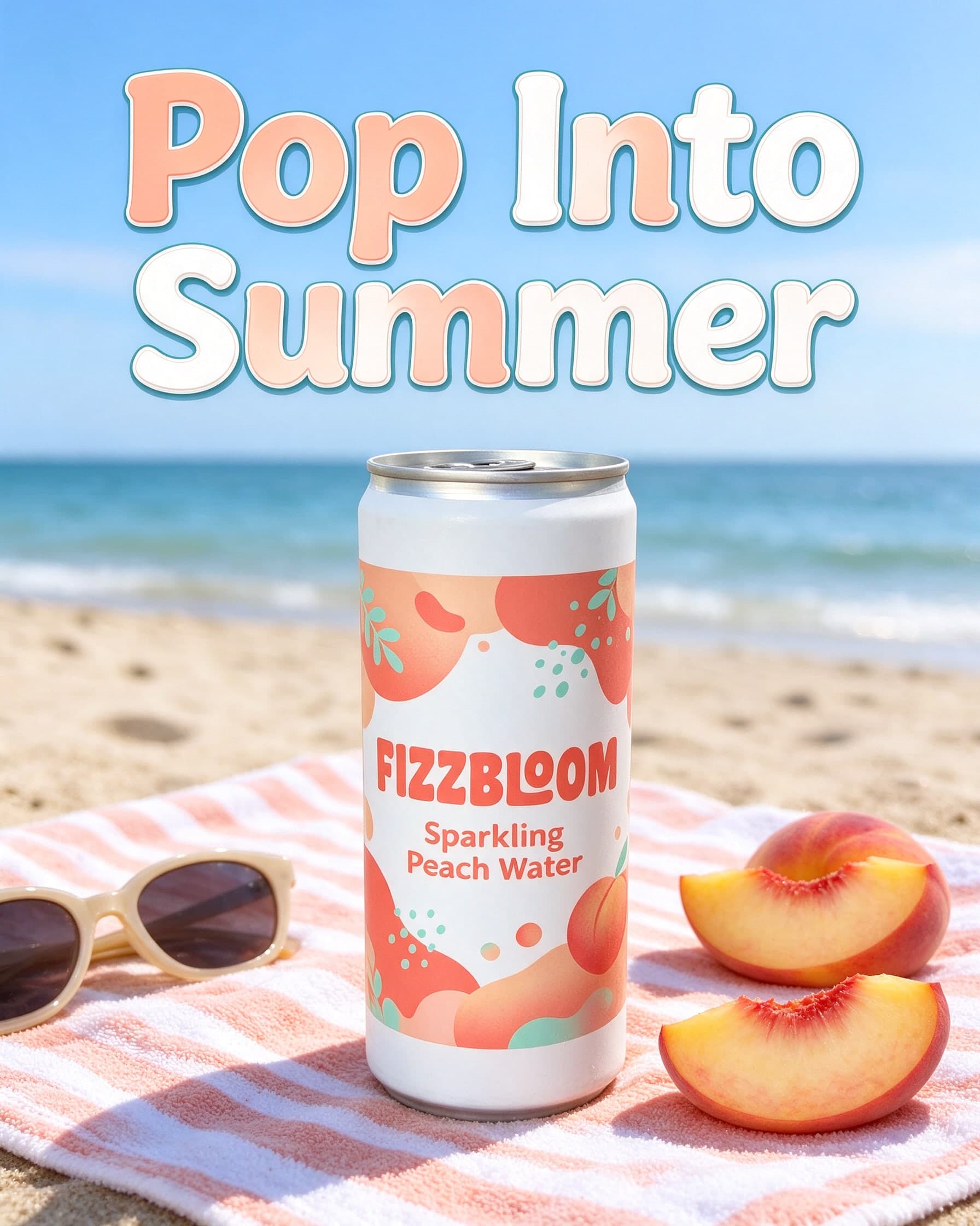 AI Peach Sparkling Water Beach Ad, 4:5 Feed Format generated with BrandGen
