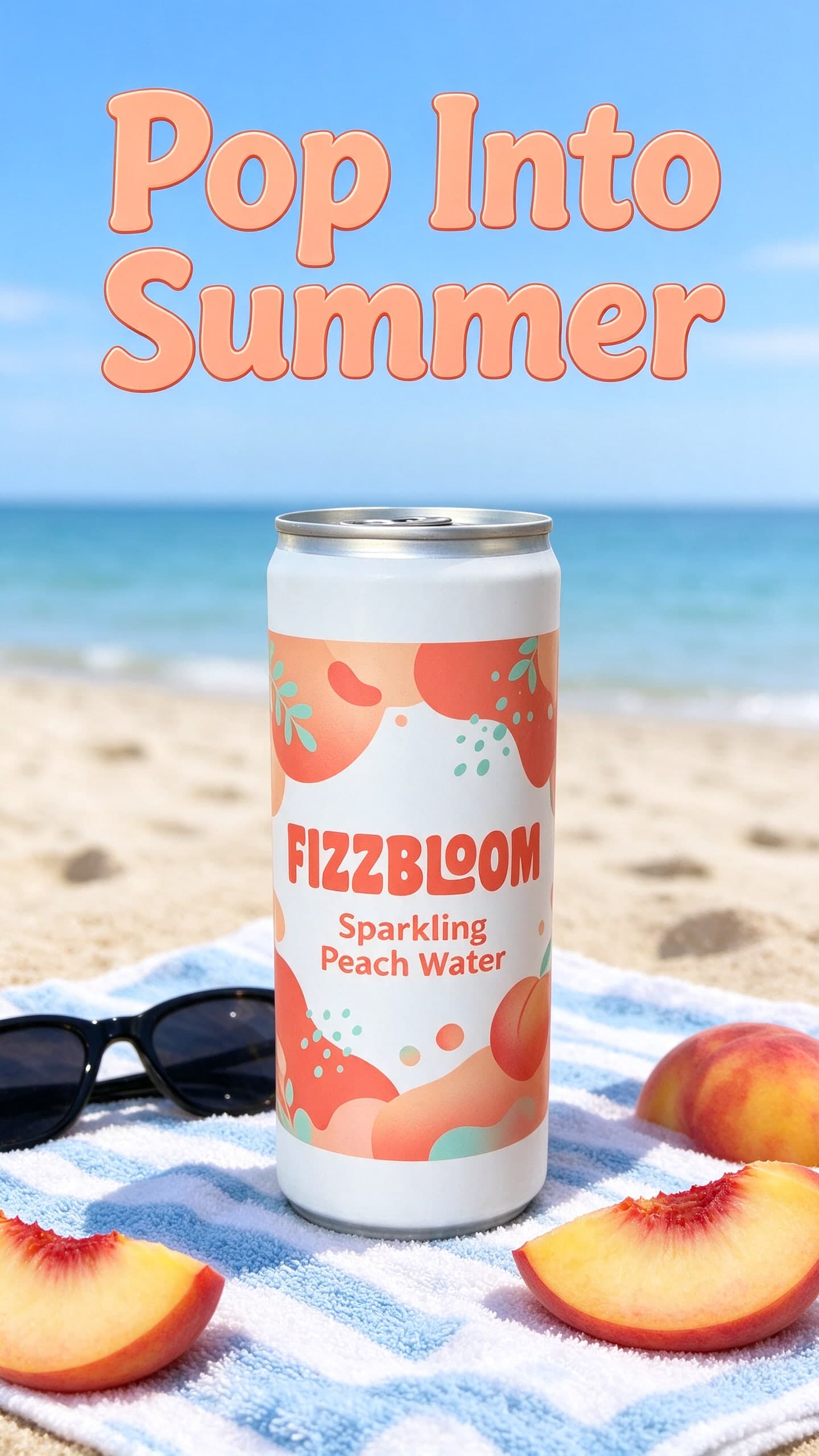 AI Sparkling Water Story Ad, 9:16 Beach Scene generated with BrandGen