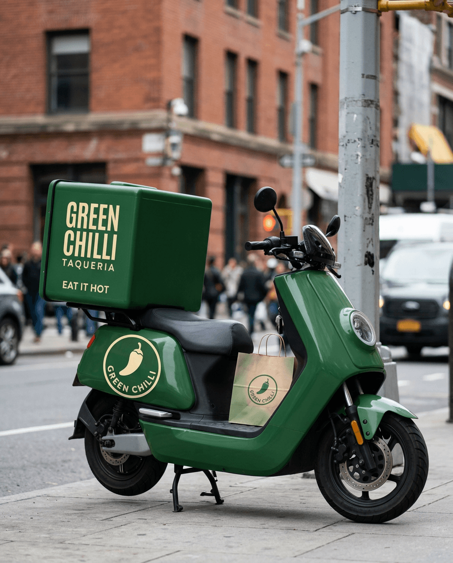 AI Green Chilli Taqueria Delivery Scooter generated with BrandGen