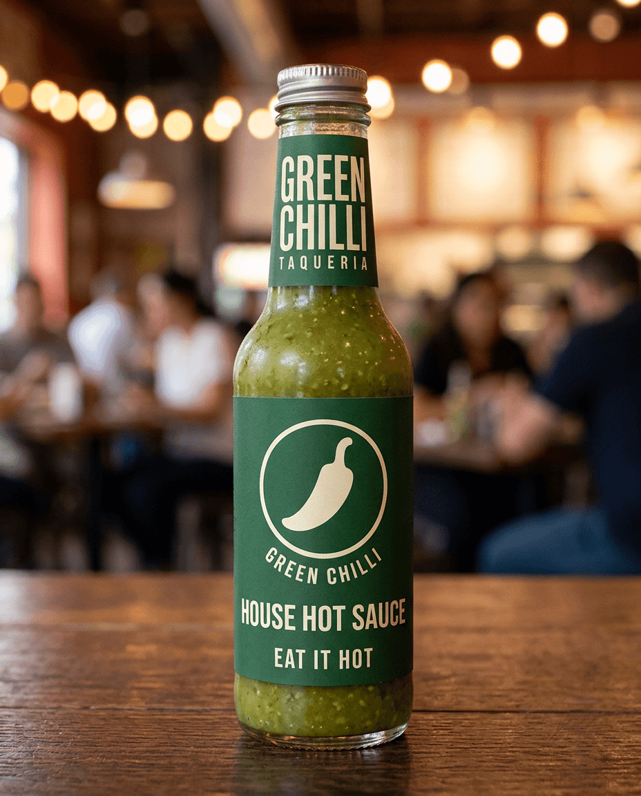 AI Green Chilli Taqueria Hot Sauce Bottle generated with BrandGen