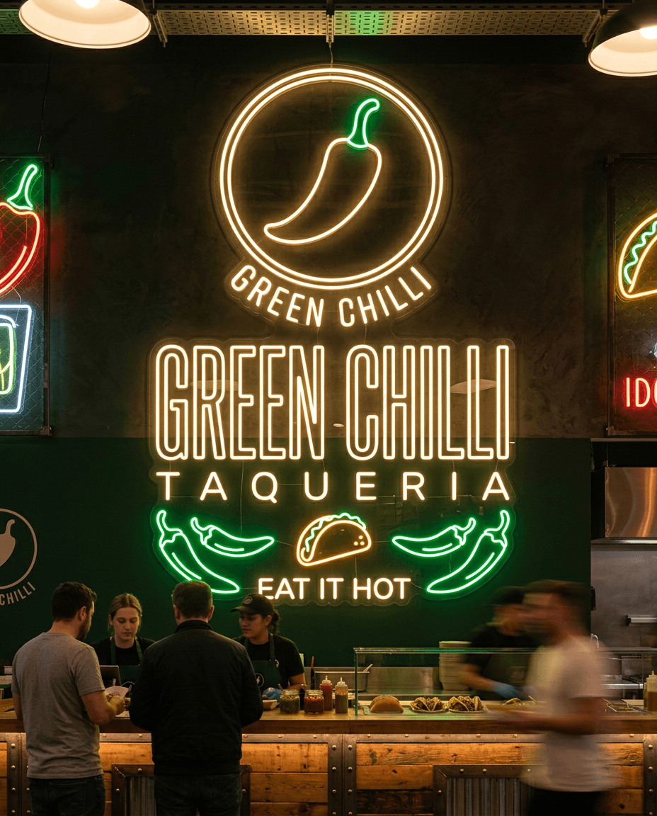 AI Green Chilli Taqueria Neon Sign generated with BrandGen