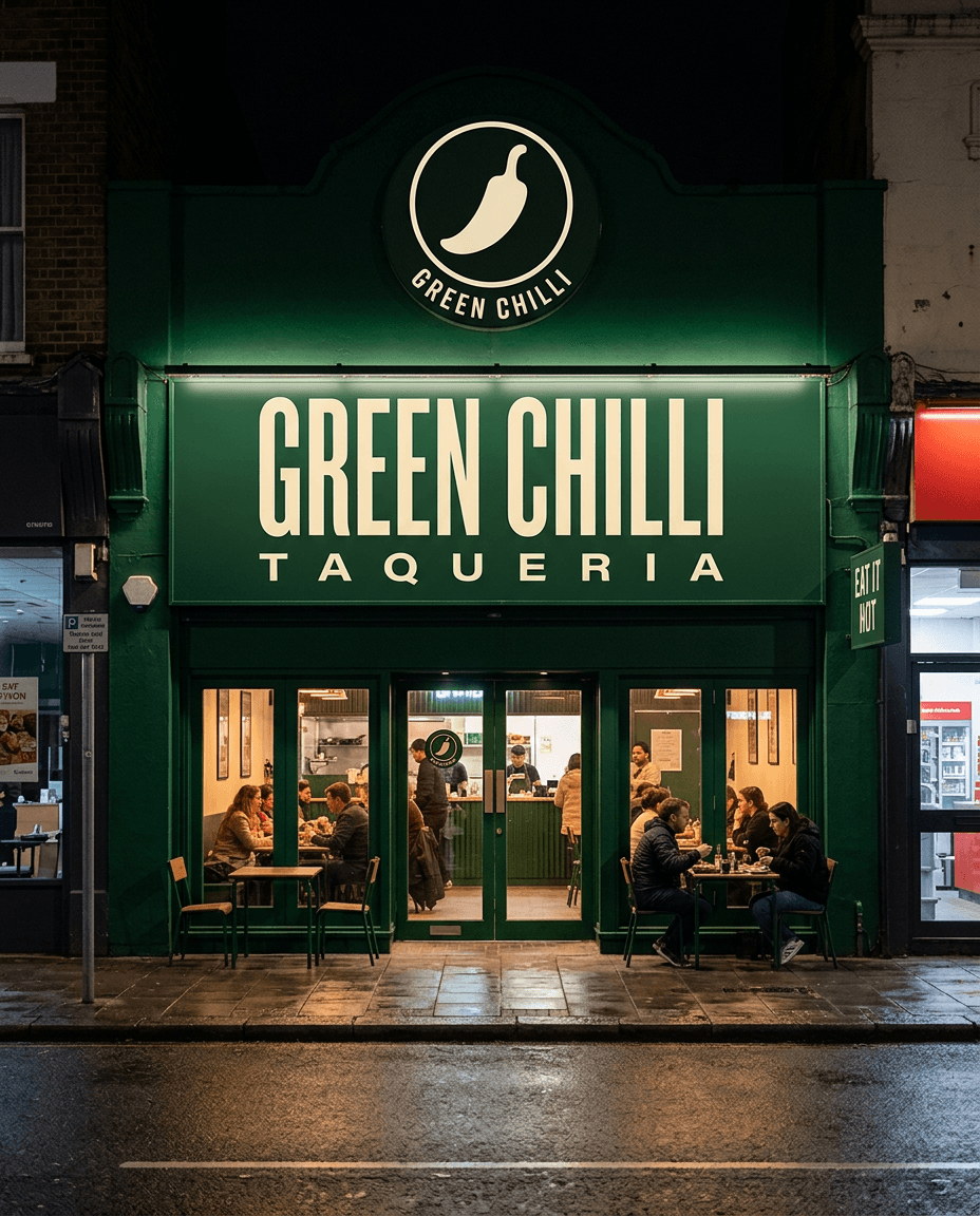 AI Green Chilli Taqueria Storefront Facade generated with BrandGen