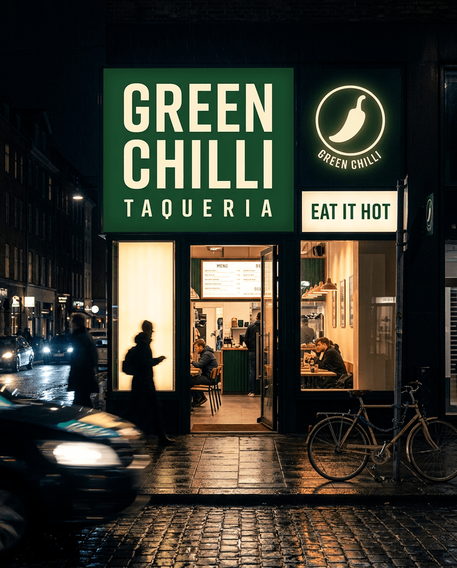 AI Green Chilli Taqueria Night Shopfront generated with BrandGen