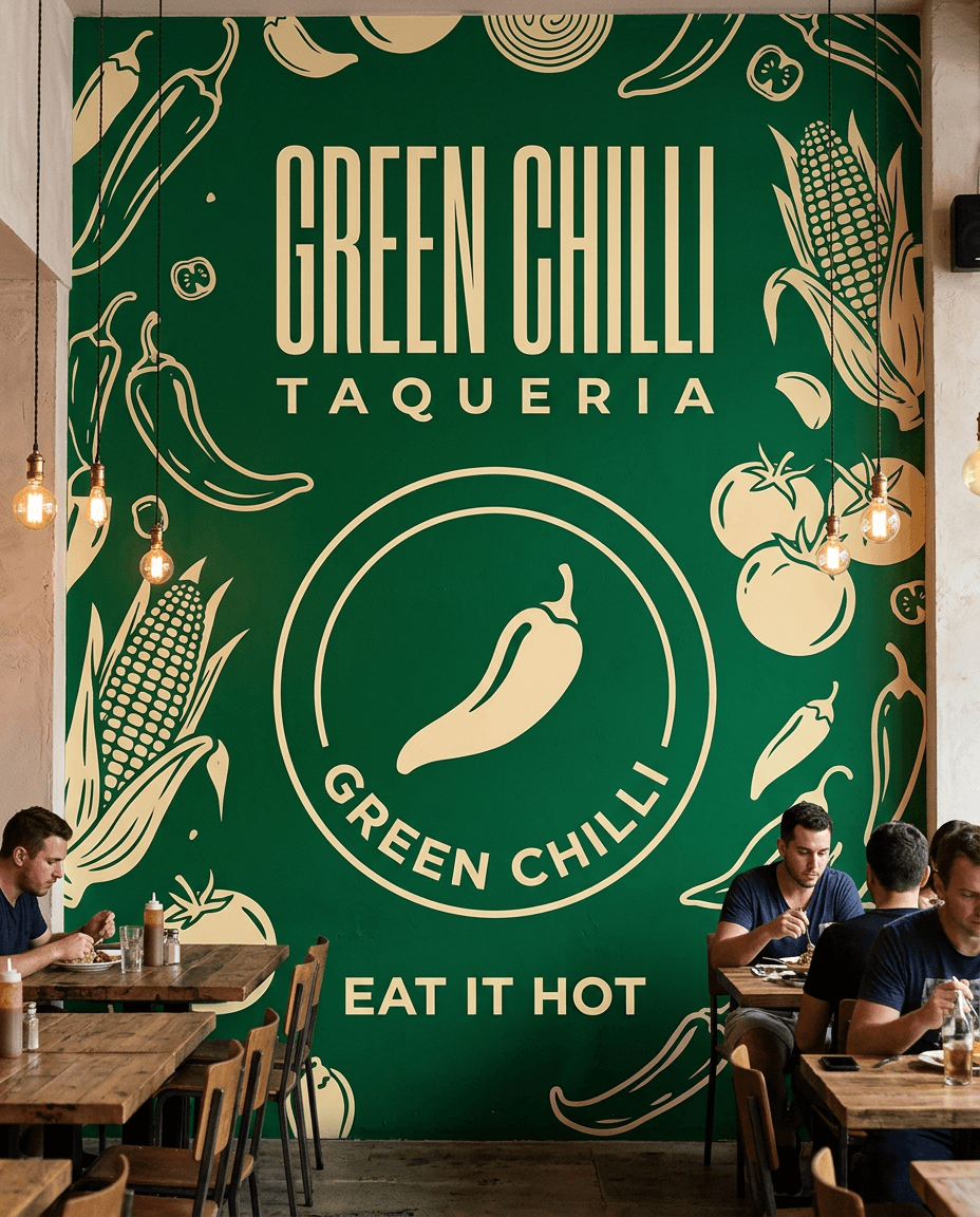 AI Green Chilli Taqueria Wall Mural generated with BrandGen
