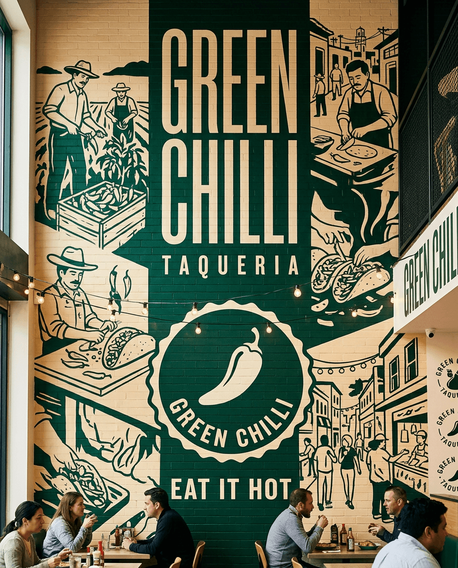 AI Green Chilli Taqueria Scene Mural generated with BrandGen