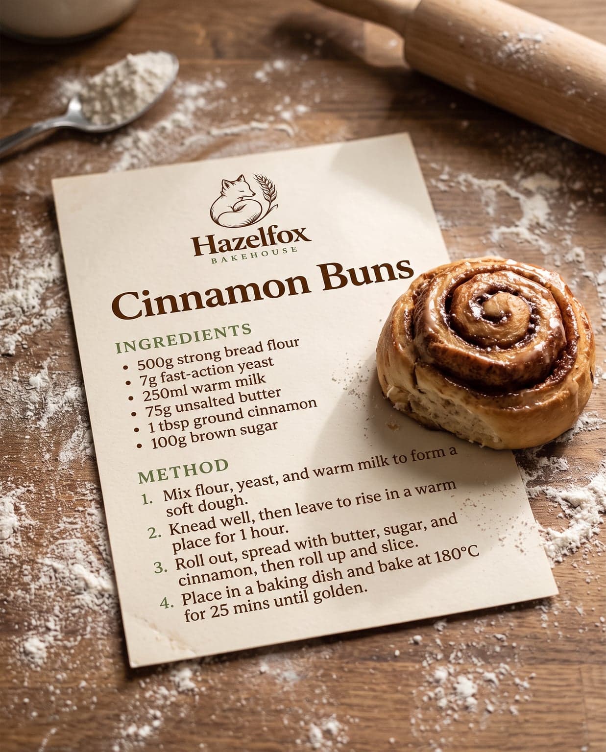 AI Hazelfox Bakehouse Cinnamon Buns Recipe Card generated with BrandGen