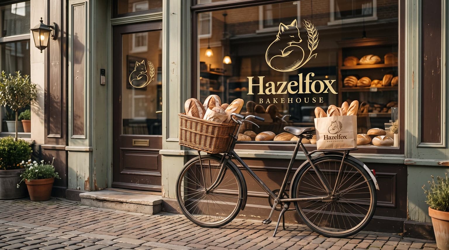 AI Hazelfox Bakehouse Delivery Bicycle Shopfront Scene generated with BrandGen