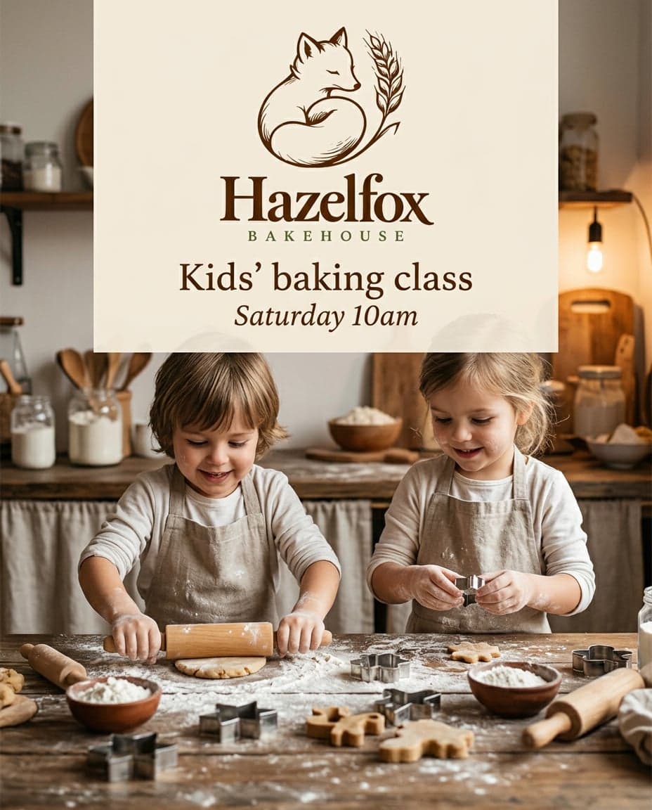 AI Hazelfox Bakehouse Kids Baking Class Instagram Post generated with BrandGen