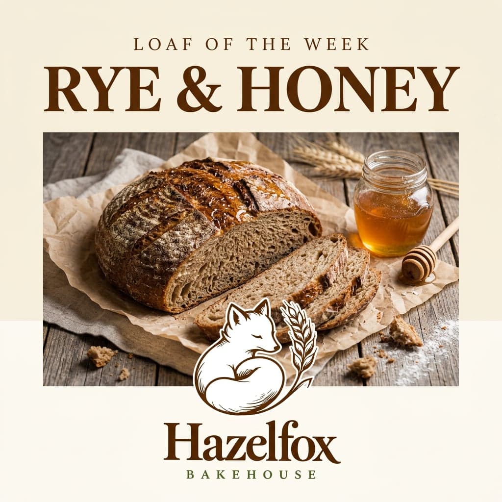 A sliced round rye sourdough loaf with a honey glaze on baking paper beside a jar of honey, under the headline Rye and Honey with a fox logo below.