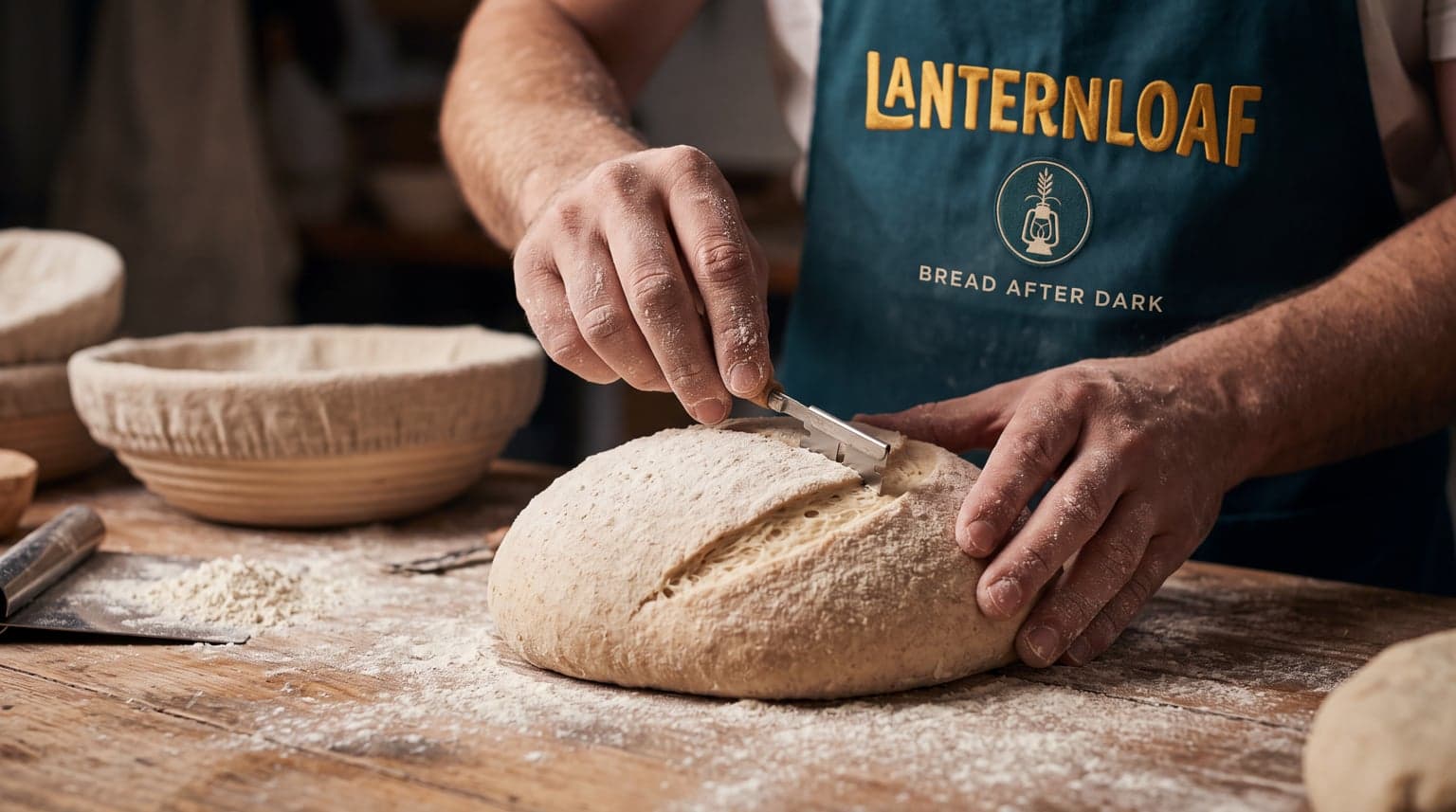 AI Lanternloaf Baker Scoring a Loaf Close-Up generated with BrandGen