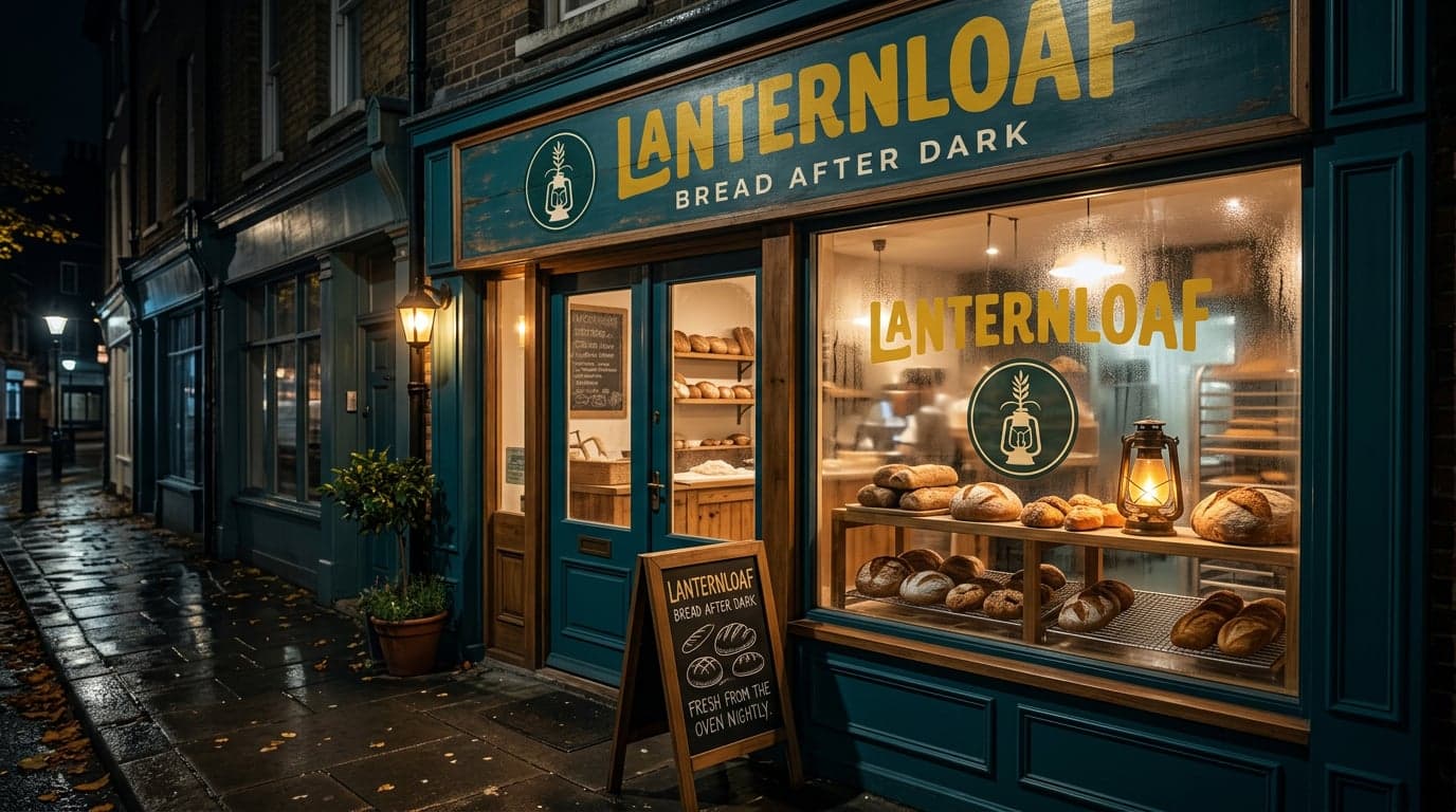 AI Lanternloaf Bakery Storefront at Night generated with BrandGen