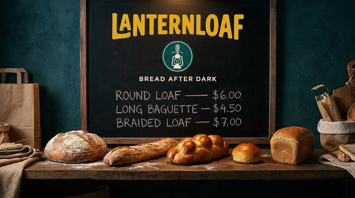 AI Lanternloaf Five Loaves Chalkboard Shelf Scene generated with BrandGen