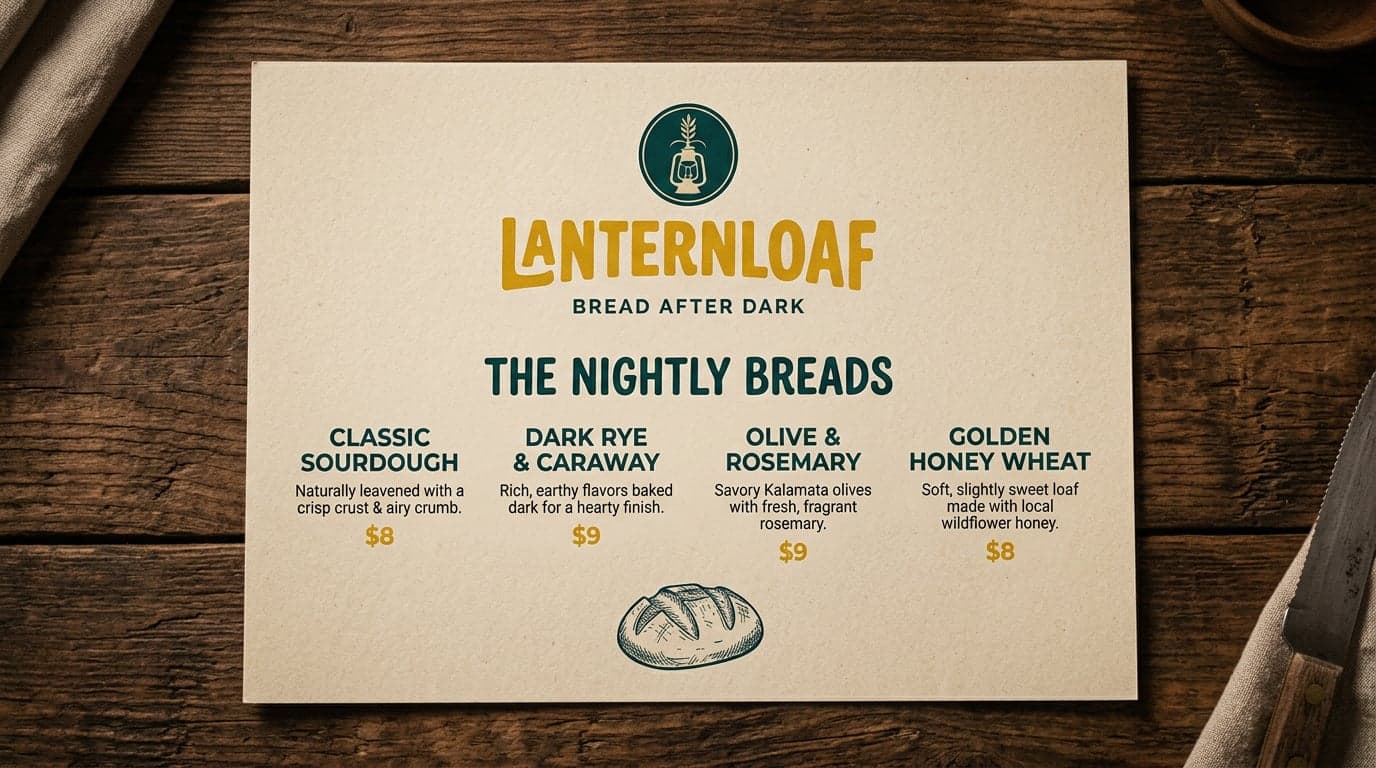 AI Lanternloaf Nightly Breads Menu Card generated with BrandGen