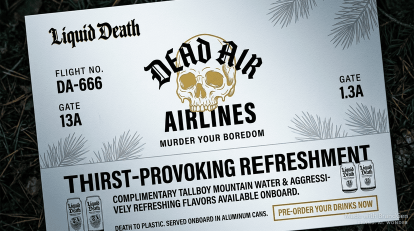 An airline boarding pass and ticket redesign, gold melting skull as the airline logo emblem, gothic Blackletter typography reading 'DEAD AIR AIRLINES', black and gold on white ticket stock, flight details and boarding gate information, premium punk travel branding, product flat lay photography.