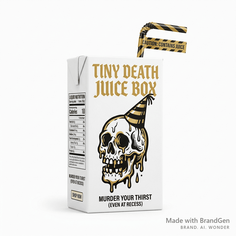 A children's juice box product packaging, friendly cartoon melting skull mascot wearing a party hat, bold gothic Blackletter typography reading 'TINY DEATH JUICE BOX', gold and black on bright white background, playful punk kids brand, product mockup with juice box and straw.