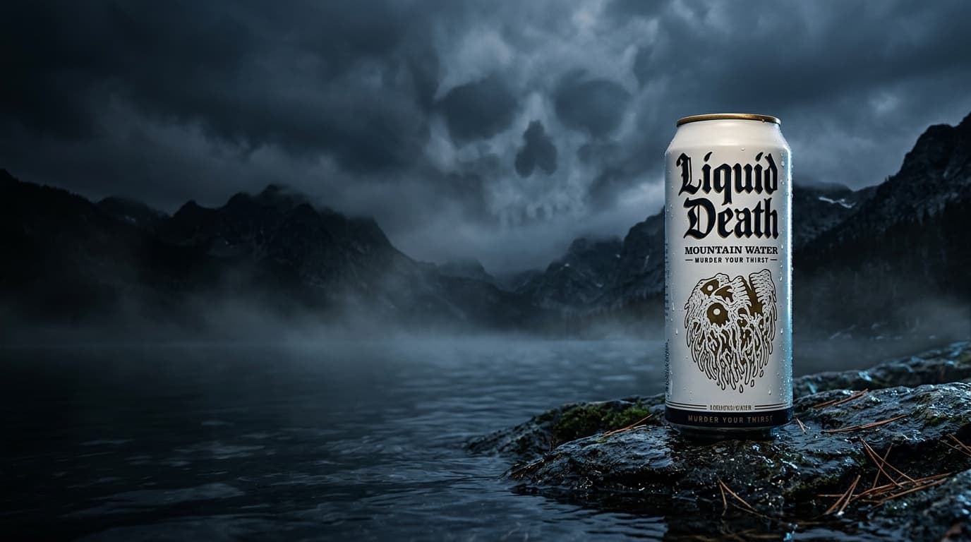 A Liquid Death tallboy can on a mossy rock by a dark alpine lake at dusk, a skull hidden in the storm clouds