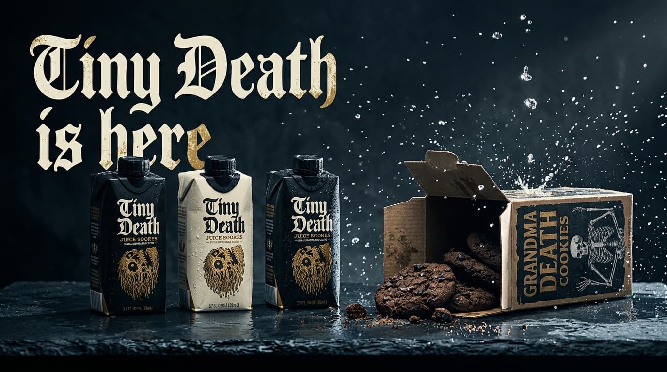 Three Tiny Death juice boxes beside an open box of Grandma Death Cookies under the headline Tiny Death is here