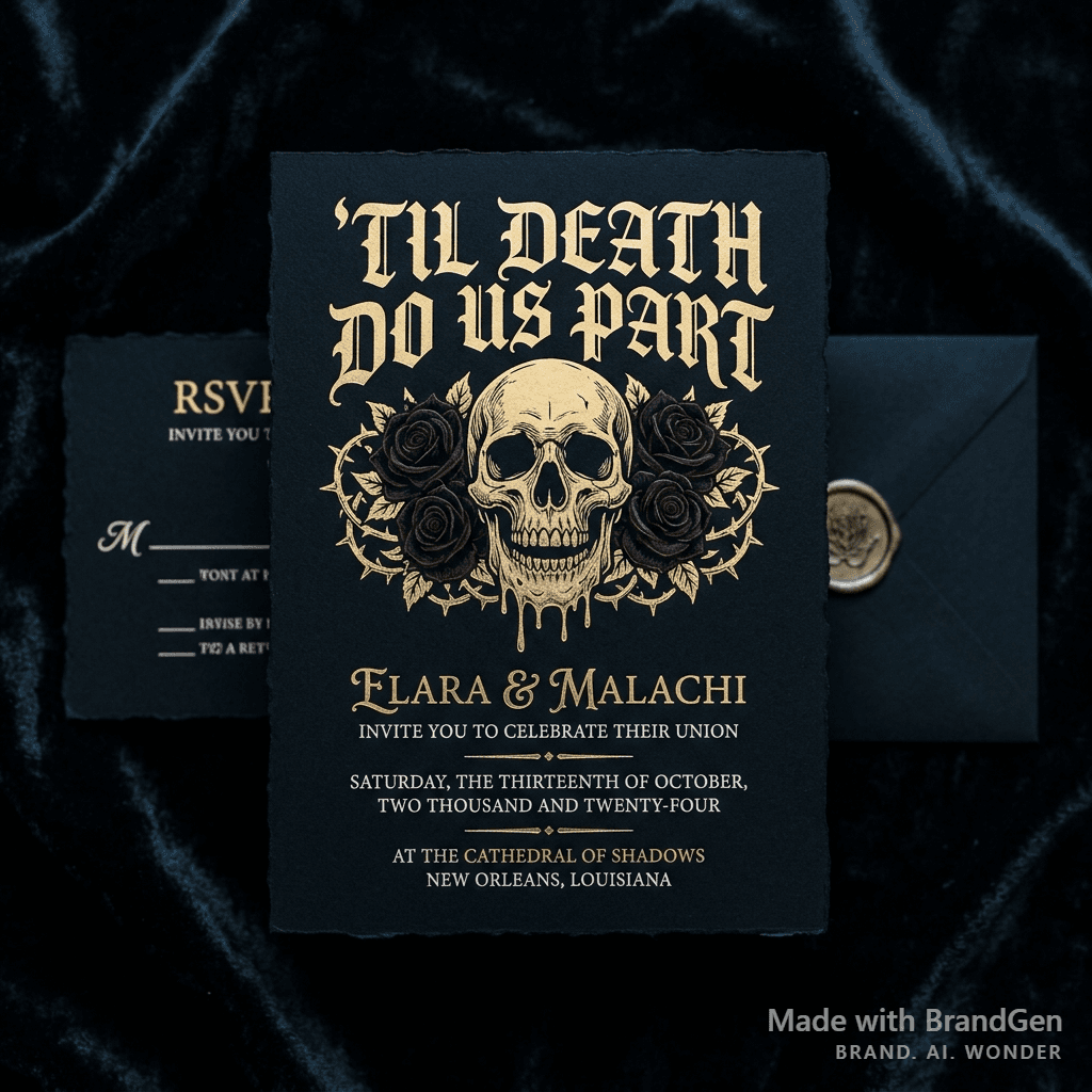 AI Liquid Death-Style Wedding Invite generated with BrandGen