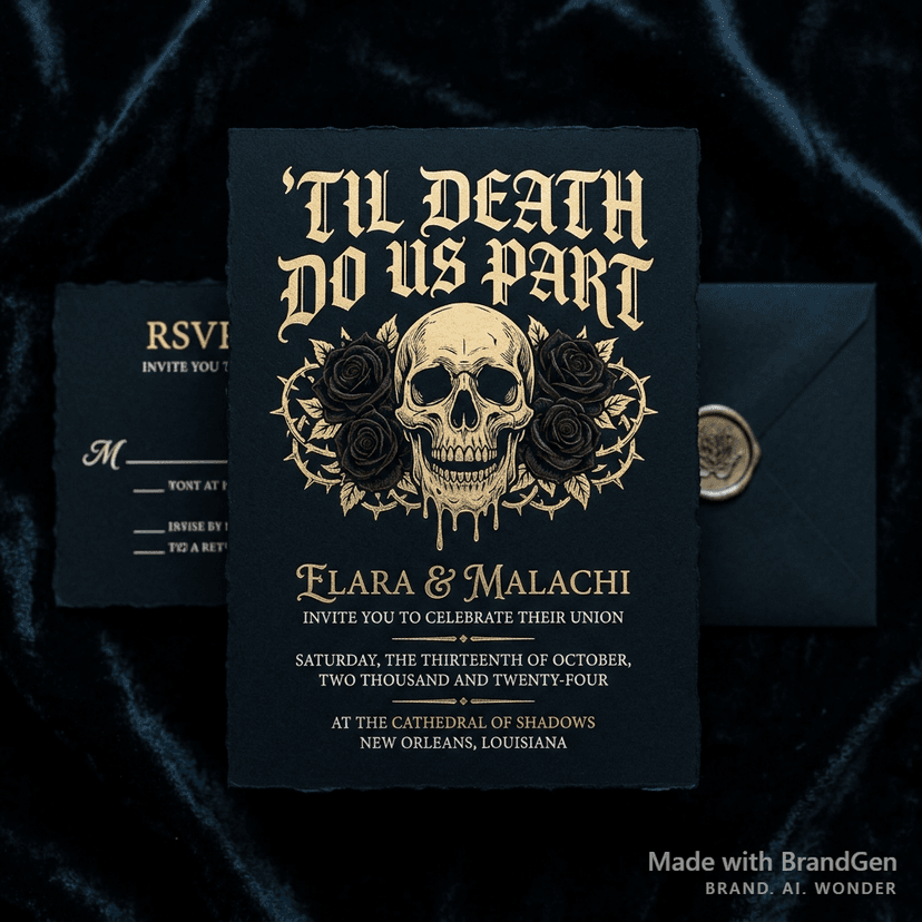 A luxury gothic wedding invitation on black cardstock, ornate Blackletter typography reading 'TIL DEATH DO US PART', gold foil melting skull motif surrounded by dark roses, cream and gold text for date and venue details, premium stationery photography on dark velvet background, gothic romantic aesthetic.