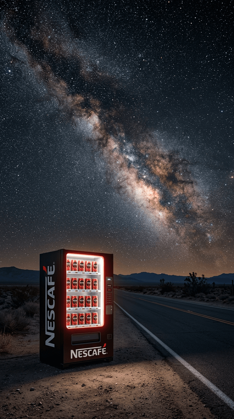 AI Nescafe Desert Highway Vending Machine generated with BrandGen