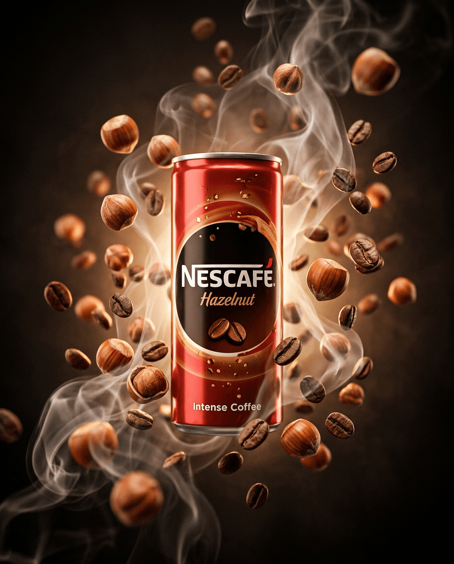 AI Nescafe Hazelnut Can Hero Ad generated with BrandGen