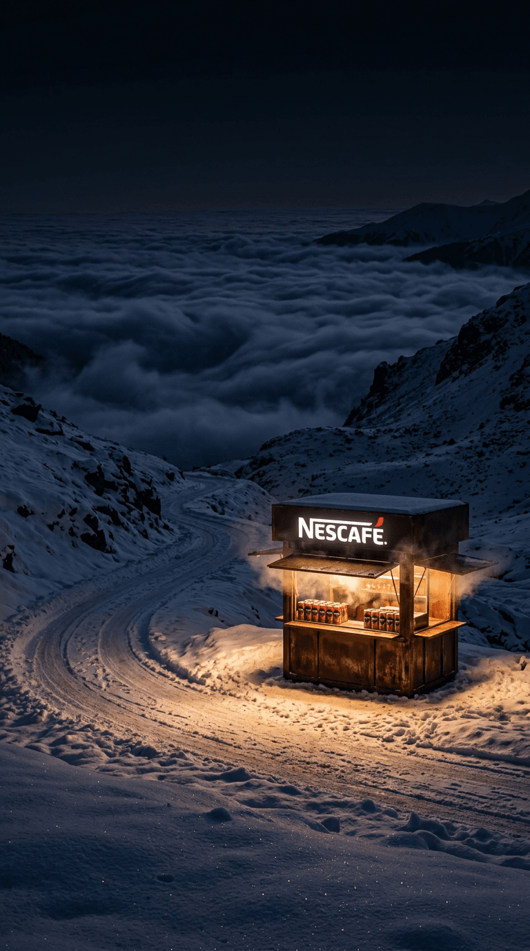 AI Nescafe Mountain Pass Kiosk generated with BrandGen