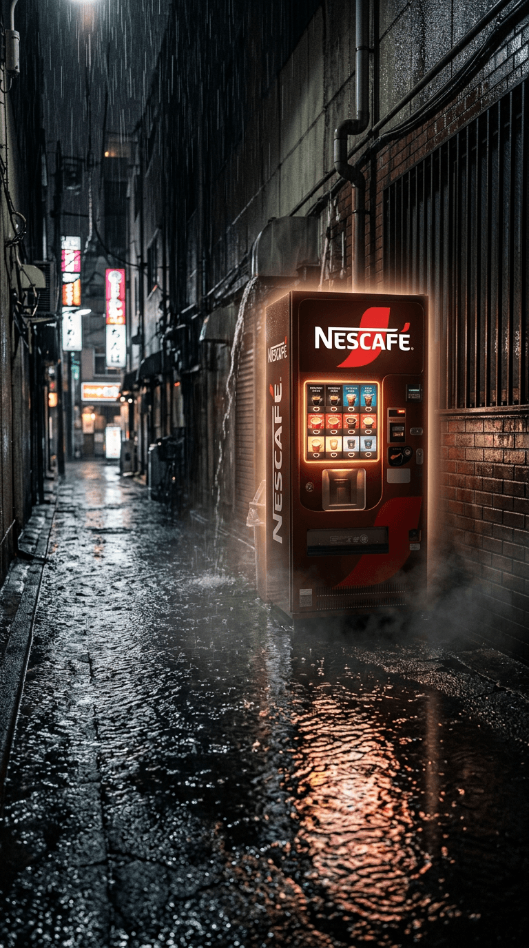 AI Nescafe Rainy Alley Vending Machine generated with BrandGen