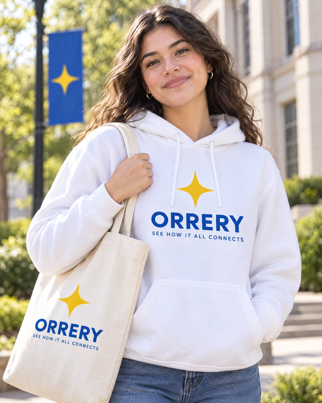 AI Orrery Campus Hoodie and Tote Apparel Shot generated with BrandGen