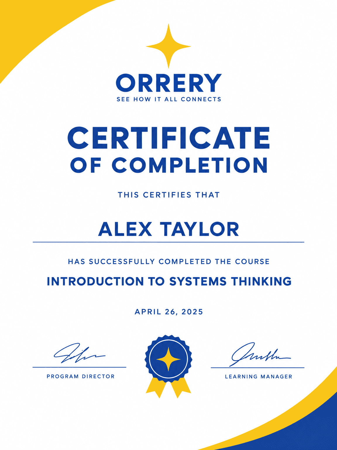 AI Orrery Certificate of Completion generated with BrandGen