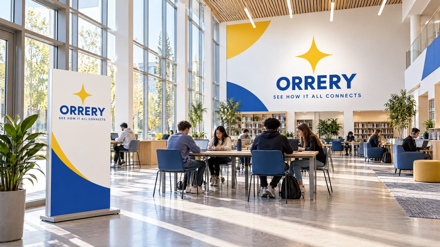 AI Campus Study Commons with Orrery Signage generated with BrandGen