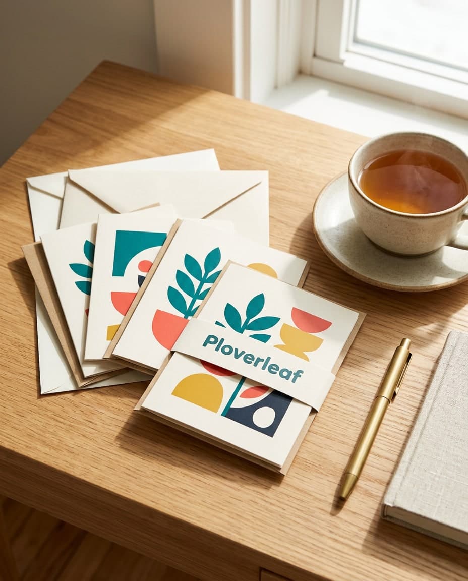 AI Ploverleaf Greeting Card Set Desk Product Photo generated with BrandGen