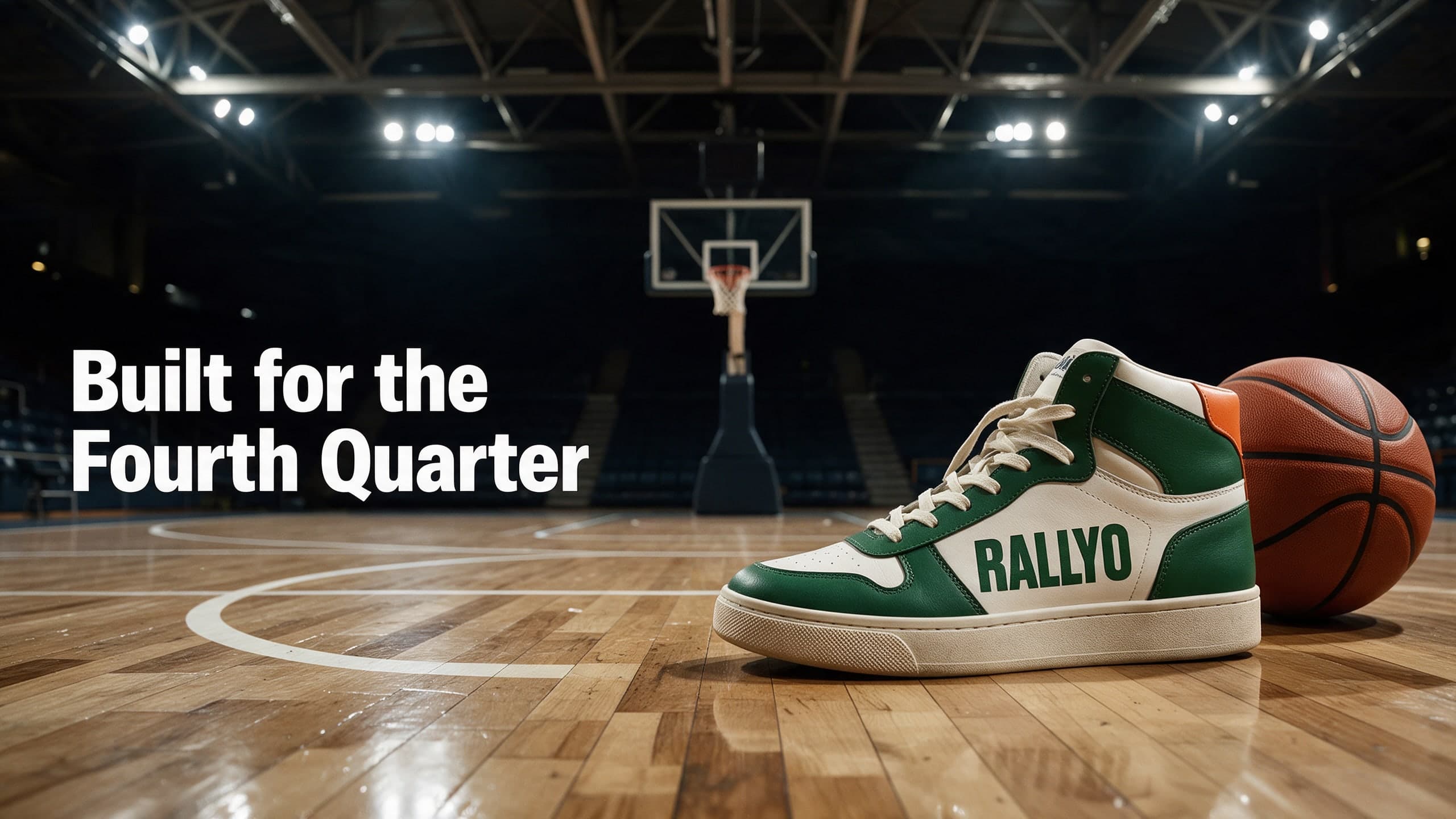 AI Basketball Sneaker Ad on a Night Court for Rallyo generated with BrandGen