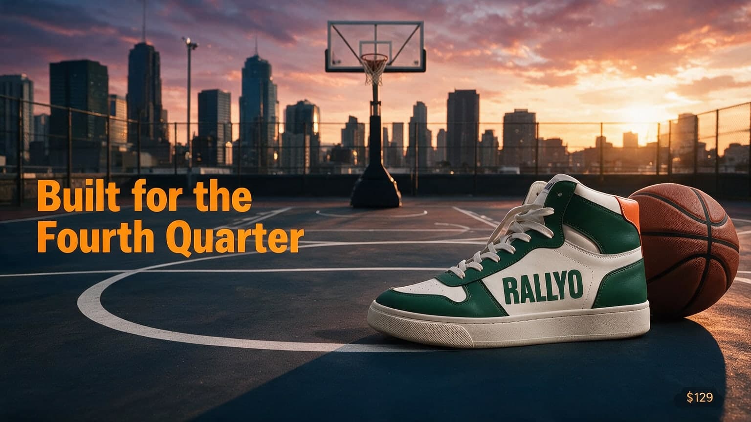 AI Sneaker Ad Edit with Orange Headline and Price Tag generated with BrandGen