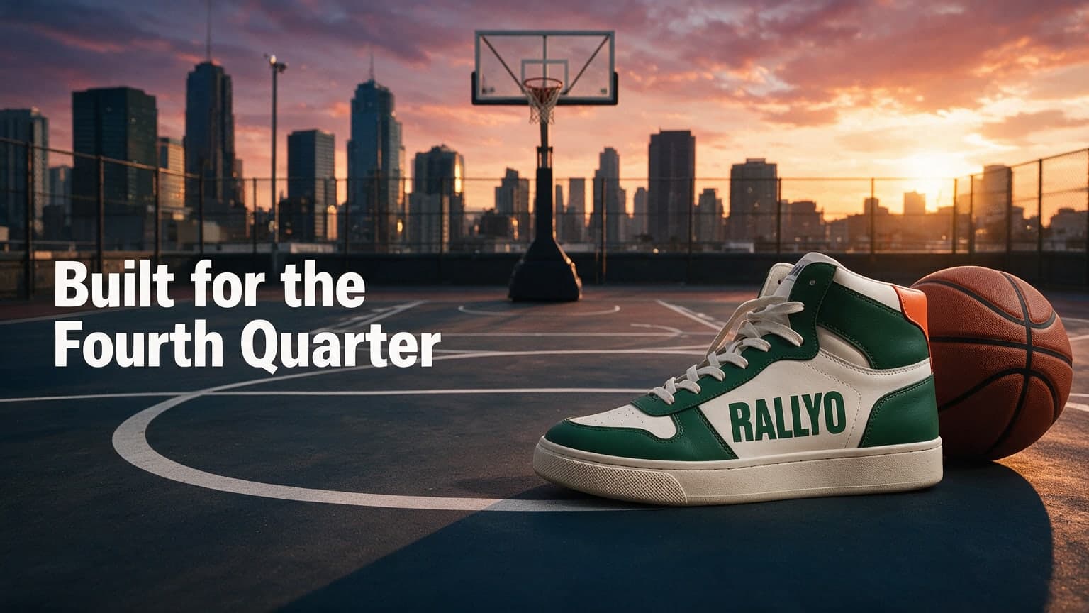 AI Sneaker Ad Moved to a Rooftop Court at Sunset generated with BrandGen