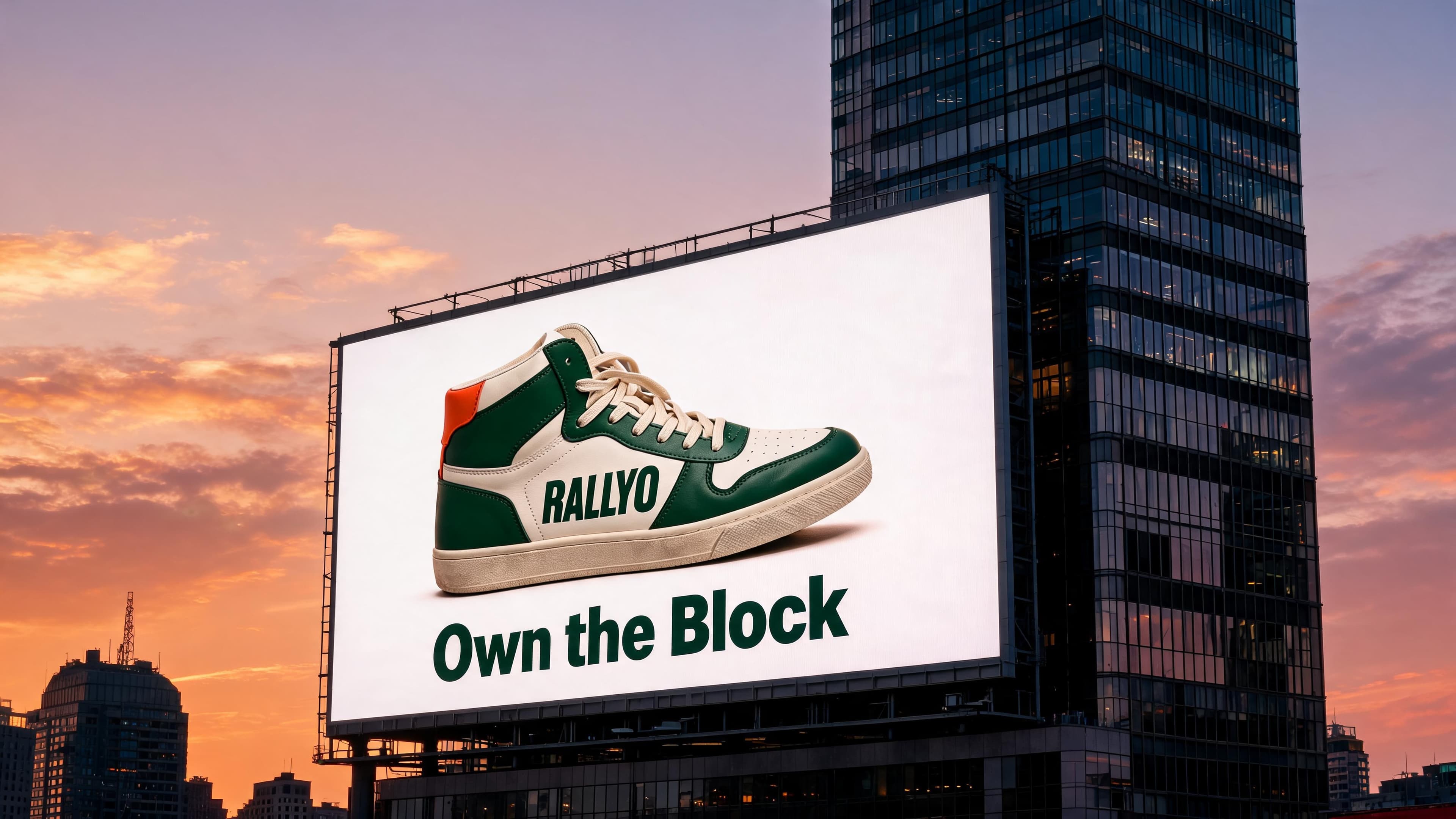 AI Sneaker Billboard on a City Building at Dusk generated with BrandGen